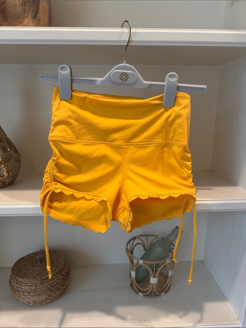 Free People Yellow High-Rise Scallop Hem Shorts with Side Ties